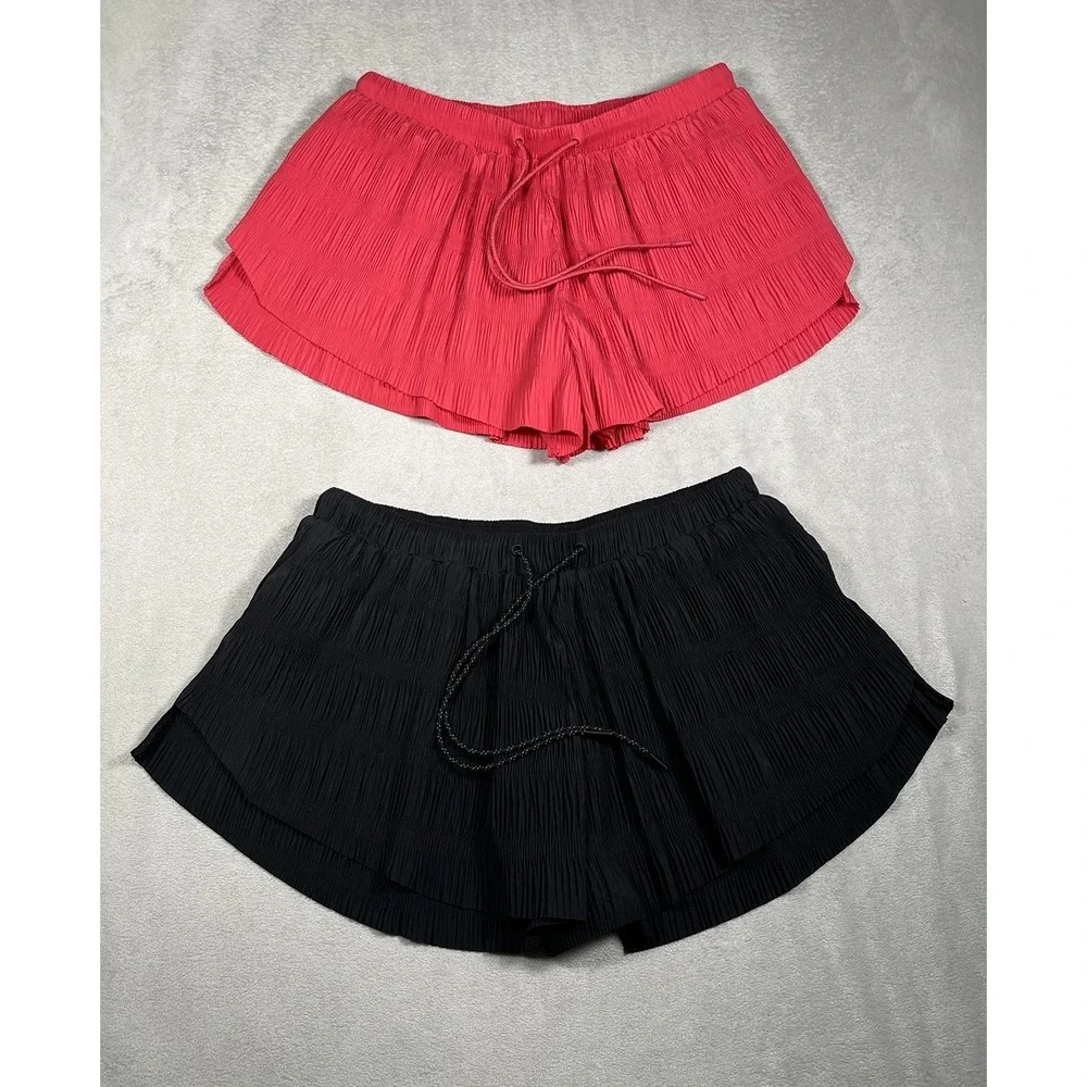 Free People‎ Movement Shirr Enough Shorts Women's M Pink/Black Drawstring Lined